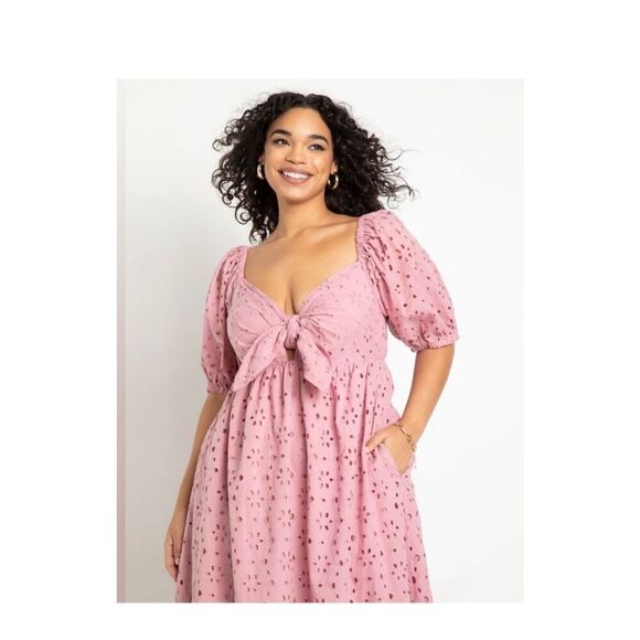 Eloquii Eyelet Tie Front Pink Tiered Maxi Dress Plus Size 16 100% Cotton XL - Picture 3 of 9